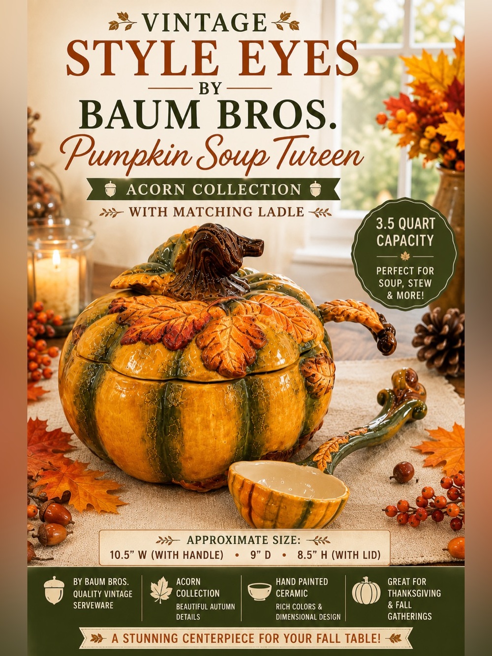 Baum Bros. Pumpkin Soup Tureen in Yellow and Green with Matching Ladle